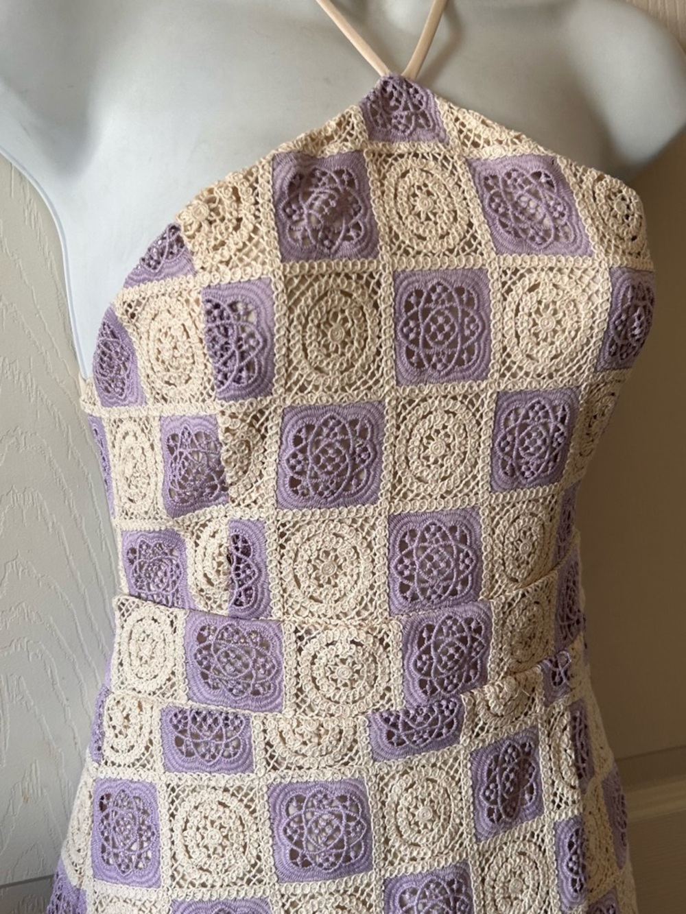 FORE COLLECTION Lilac/Cream Checkered Crochet Halter Dress Spring Wedding Guest‎ - Picture 5 of 13